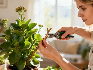 Kobieta z lupą sprawdza biały dywan w poszukiwaniu pcheł w przytulnym salonie.