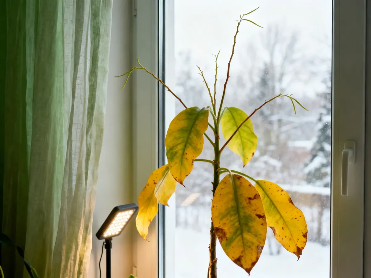 Roślina doniczkowa z żółknącymi liśćmi ustawiona przy zimowym oknie i lampie doświetlającej