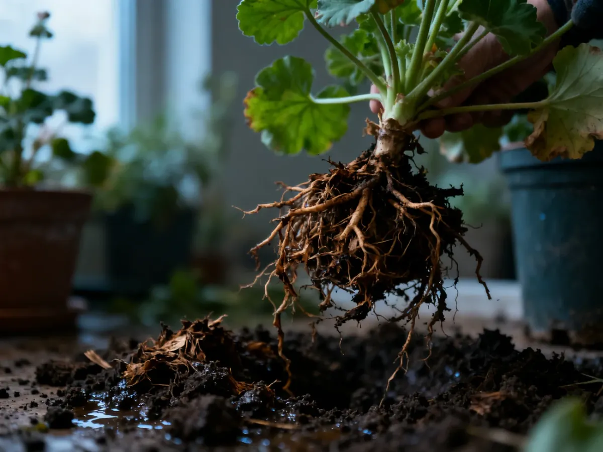 Pelargonia wyjęta z doniczki z widocznymi gnijącymi korzeniami