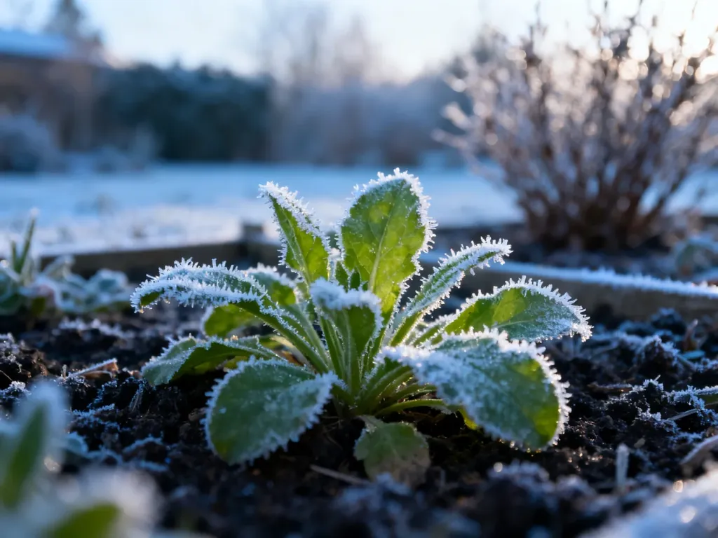 Zroszona szronem roślina na ogrodowej rabacie w mroźny poranek, ilustrująca skutki nagłego spadku temperatury.
