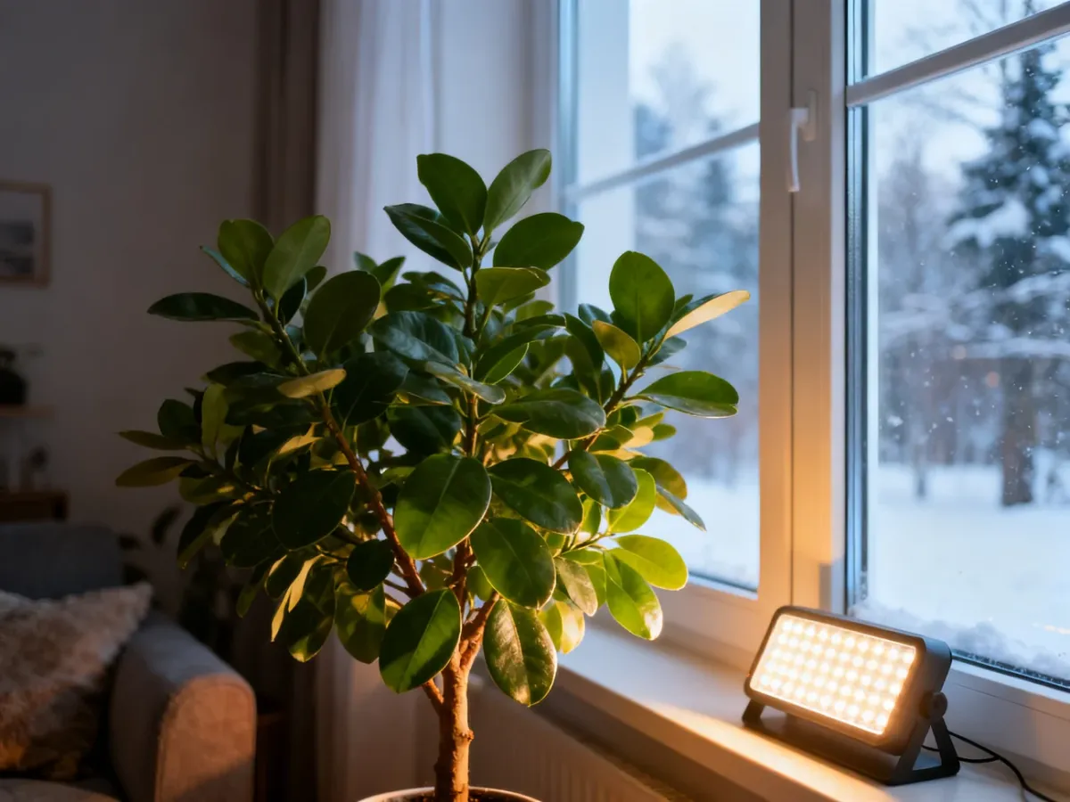 Houseplant receiving bright window light and supplemental LED lighting