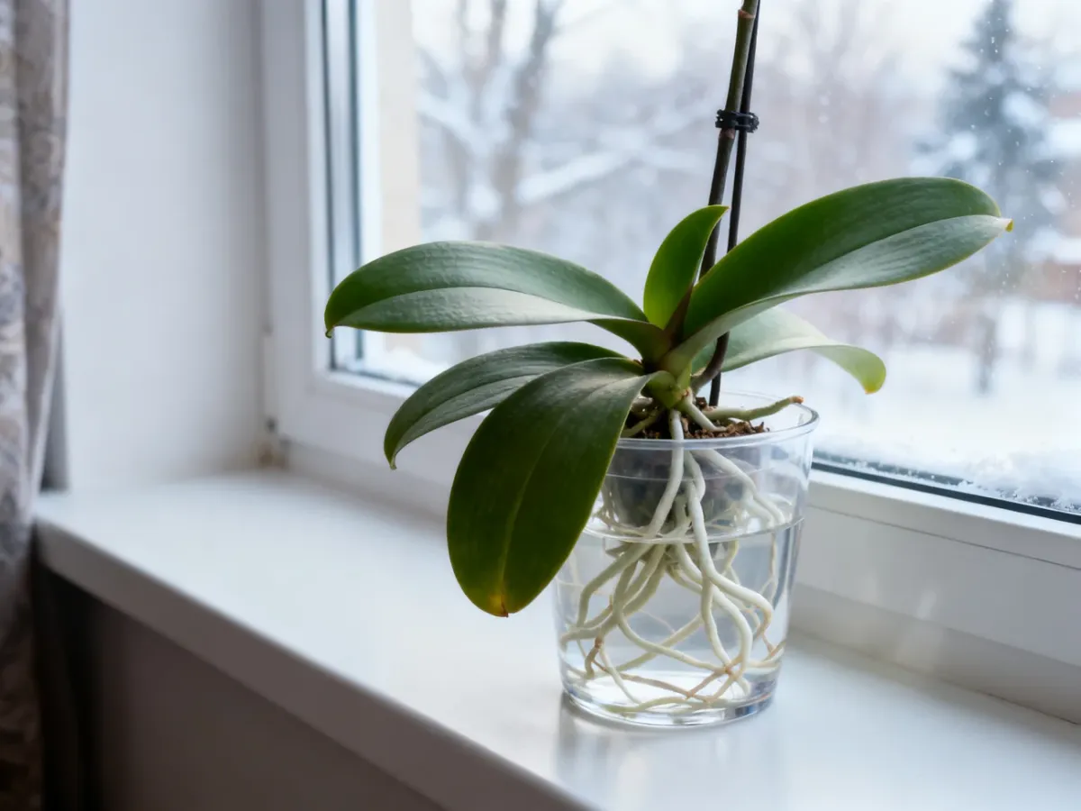 Zdrowy storczyk Phalaenopsis na jasnym zimowym parapecie