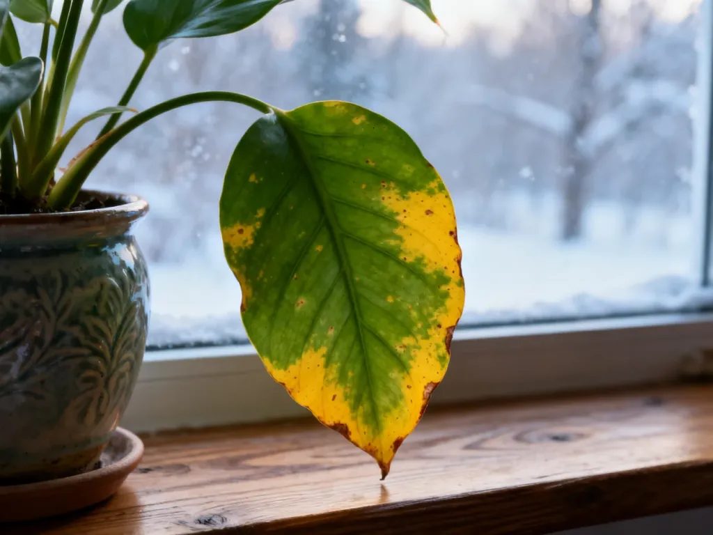 Zielony liść rośliny doniczkowej z żółknącymi brzegami na tle zimowego krajobrazu za oknem.