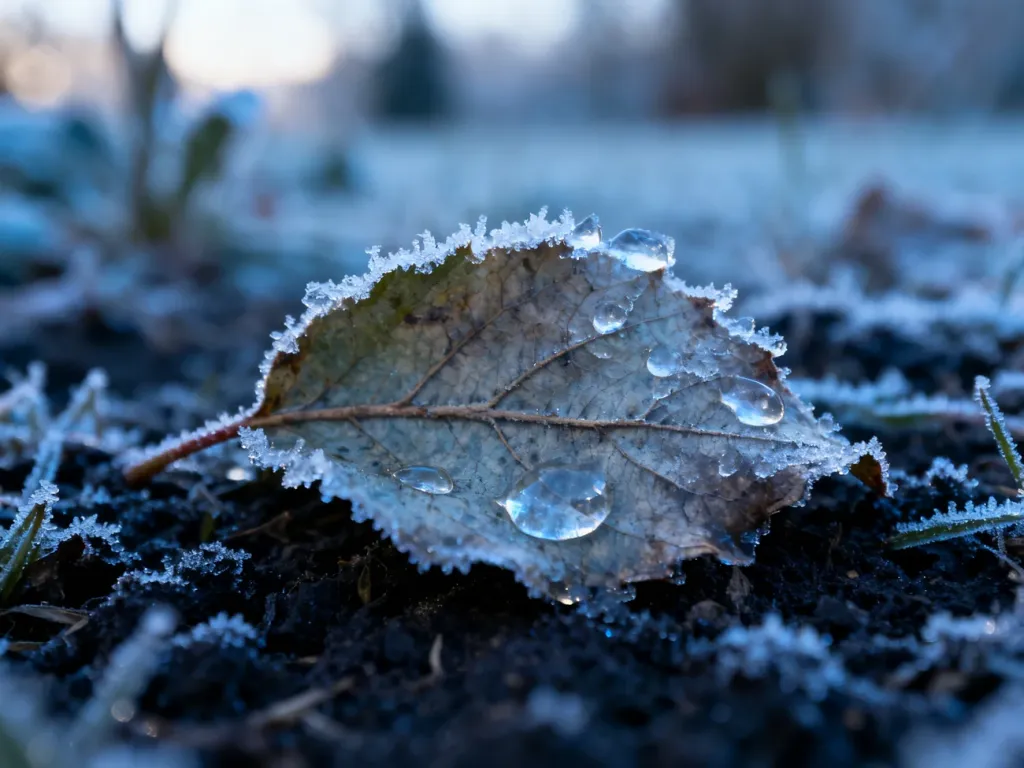 Zamarznięty liść z widocznymi szklistymi, przezroczystymi plamami powstałymi w wyniku działania niskiej temperatury.