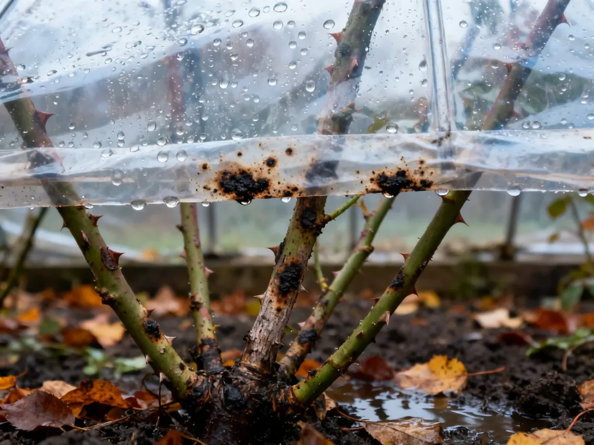 Wilgotne pędy róży pod folią z oznakami gnicia