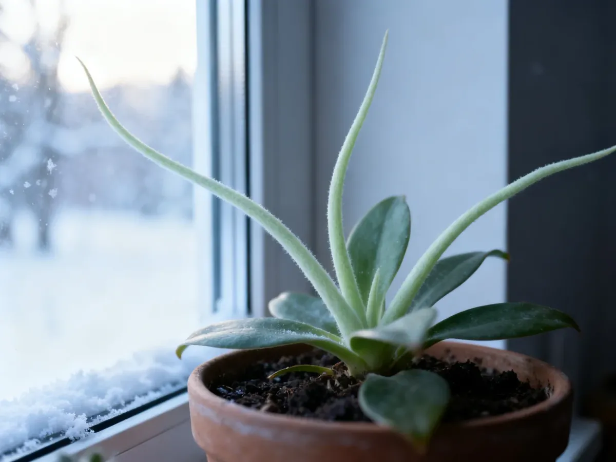 Pale elongated houseplant shoots reaching toward a winter window