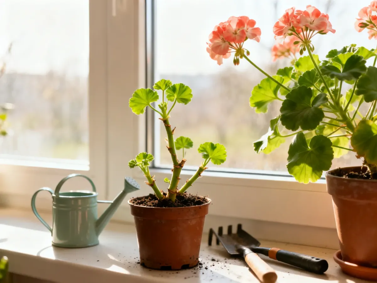 Pelargonia wybudzana wiosną przy jasnym oknie z nowymi przyrostami