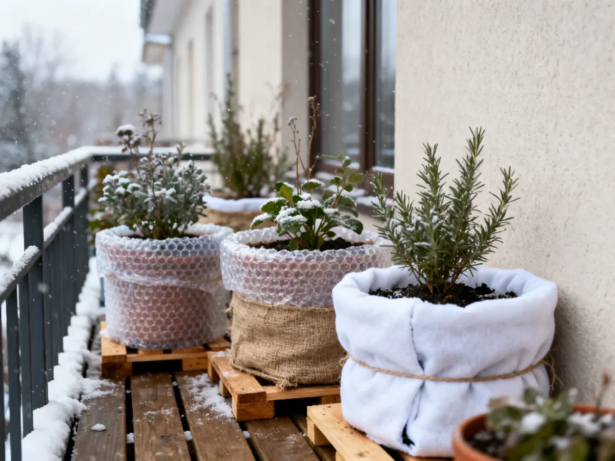 Insulated plant pots protected on a balcony during winter