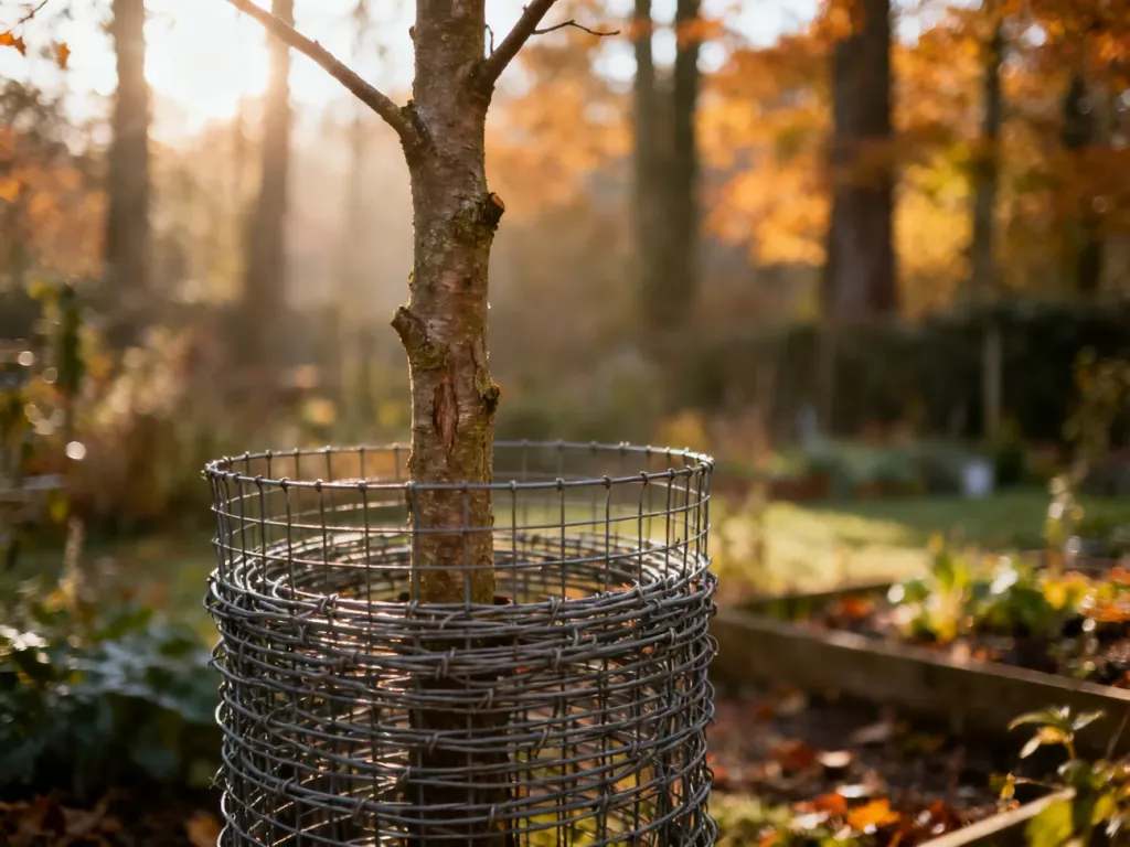 Młode drzewko zabezpieczone metalową siatką ochronną przed zającami w jesiennym ogrodzie.