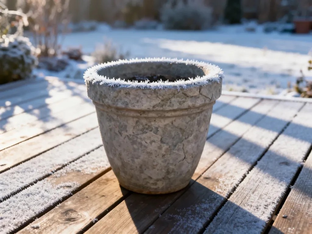Mrozoodporna donica ceramiczna na drewnianym tarasie w zimowym ogrodzie. Wytrzymały materiał odporny na niskie temperatury.