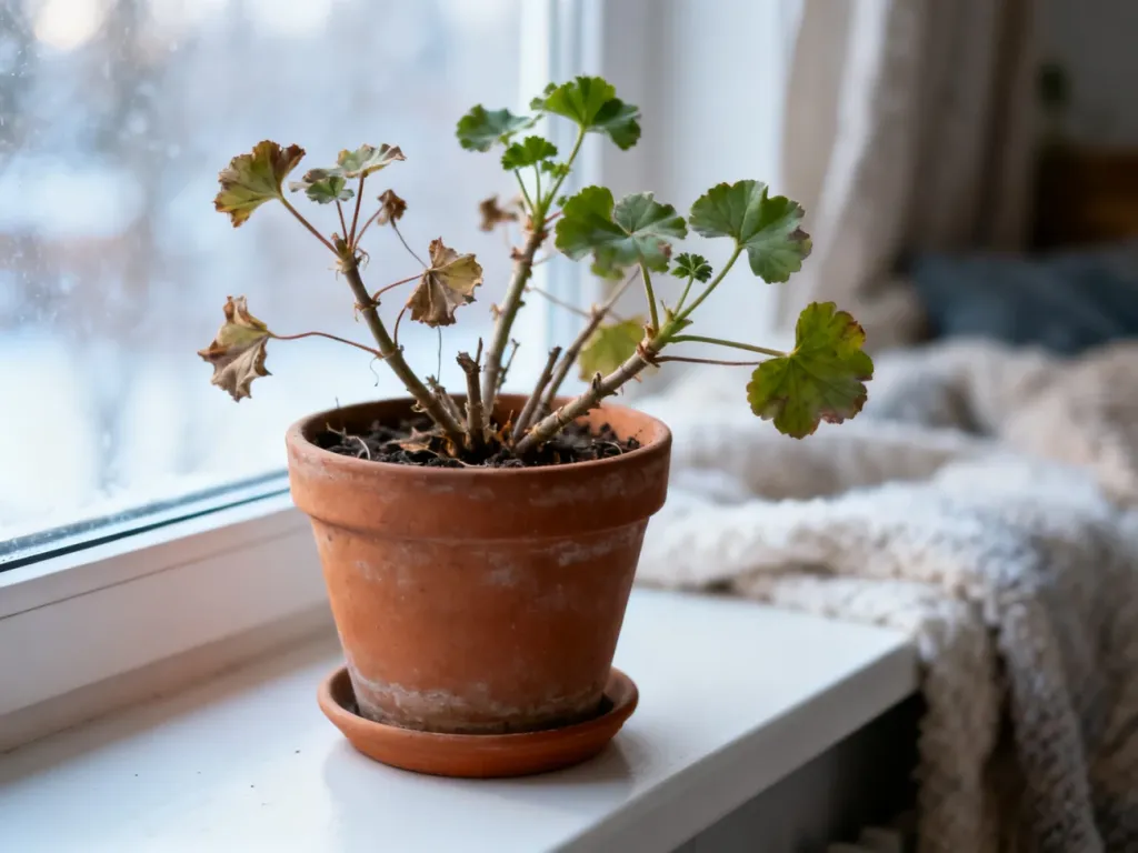 Przycięta pelargonia w doniczce na parapecie, przygotowana do zimowania w domowych warunkach.