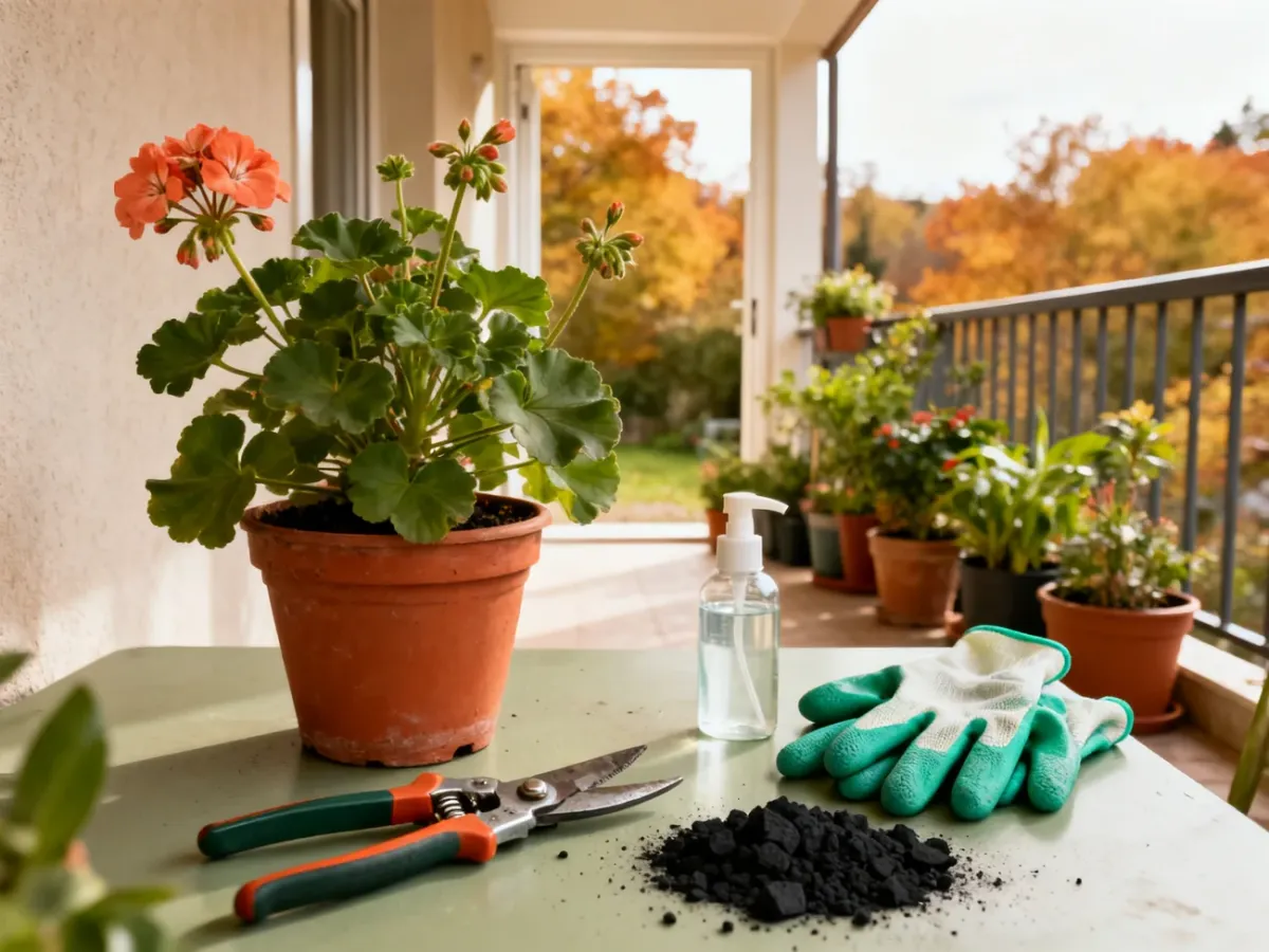 Pelargonia i narzędzia przygotowane do jesiennego przycinania