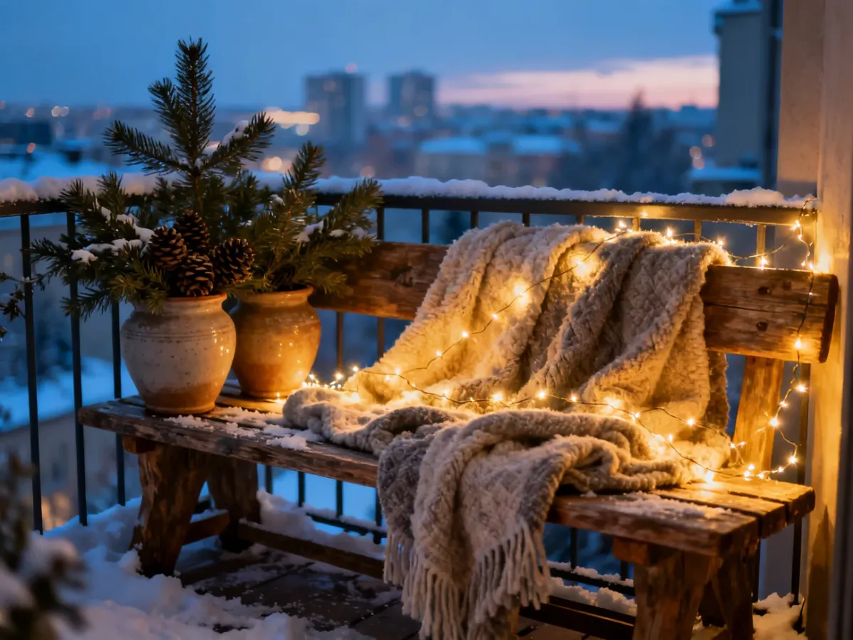 Przytulny balkon zimą z drewnianą ławką, ciepłymi kocami, światełkami i gałązkami iglaków na tle zaśnieżonego miasta.