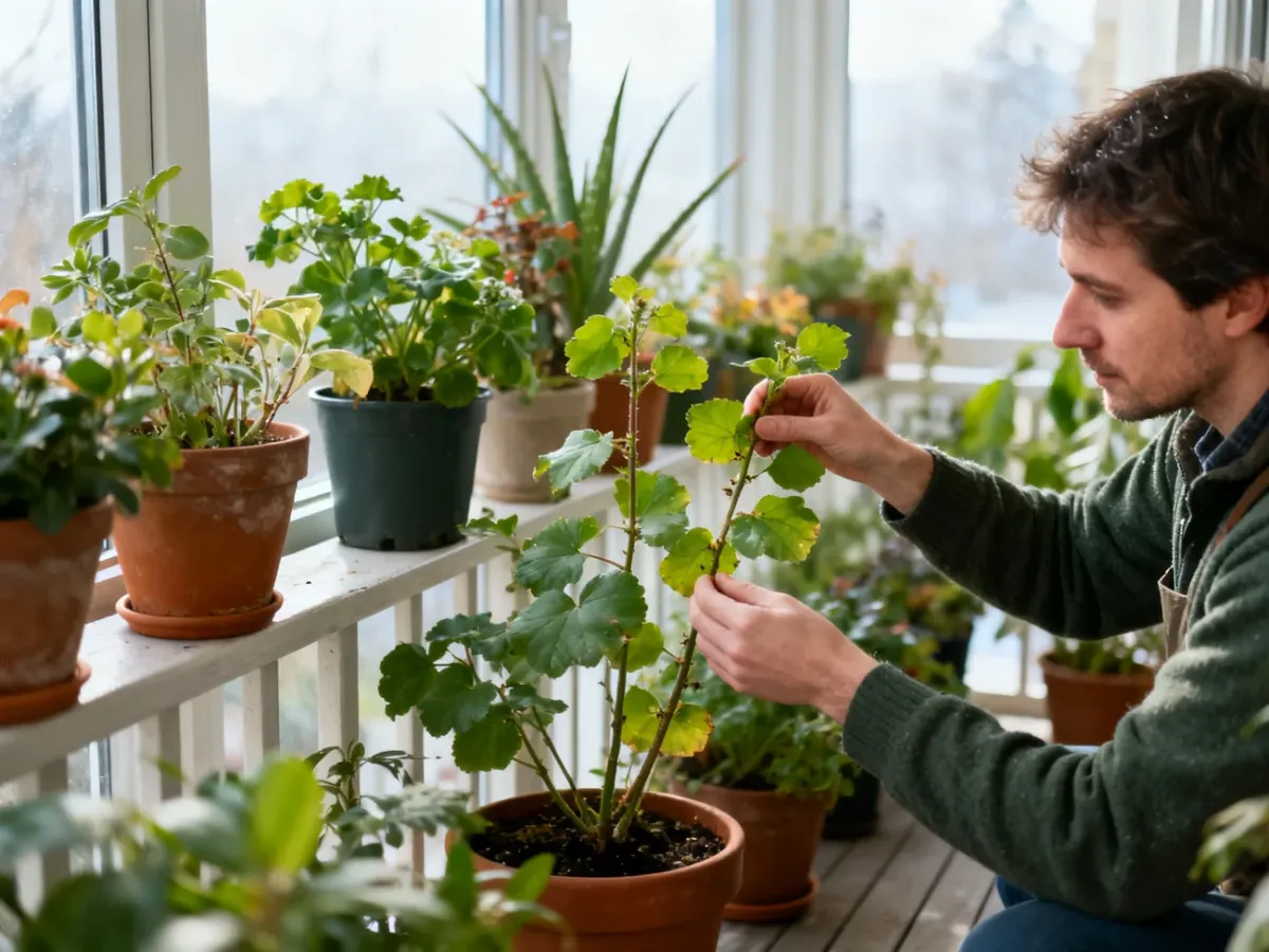 Gardener inspecting potted plants before moving them indoors for winter