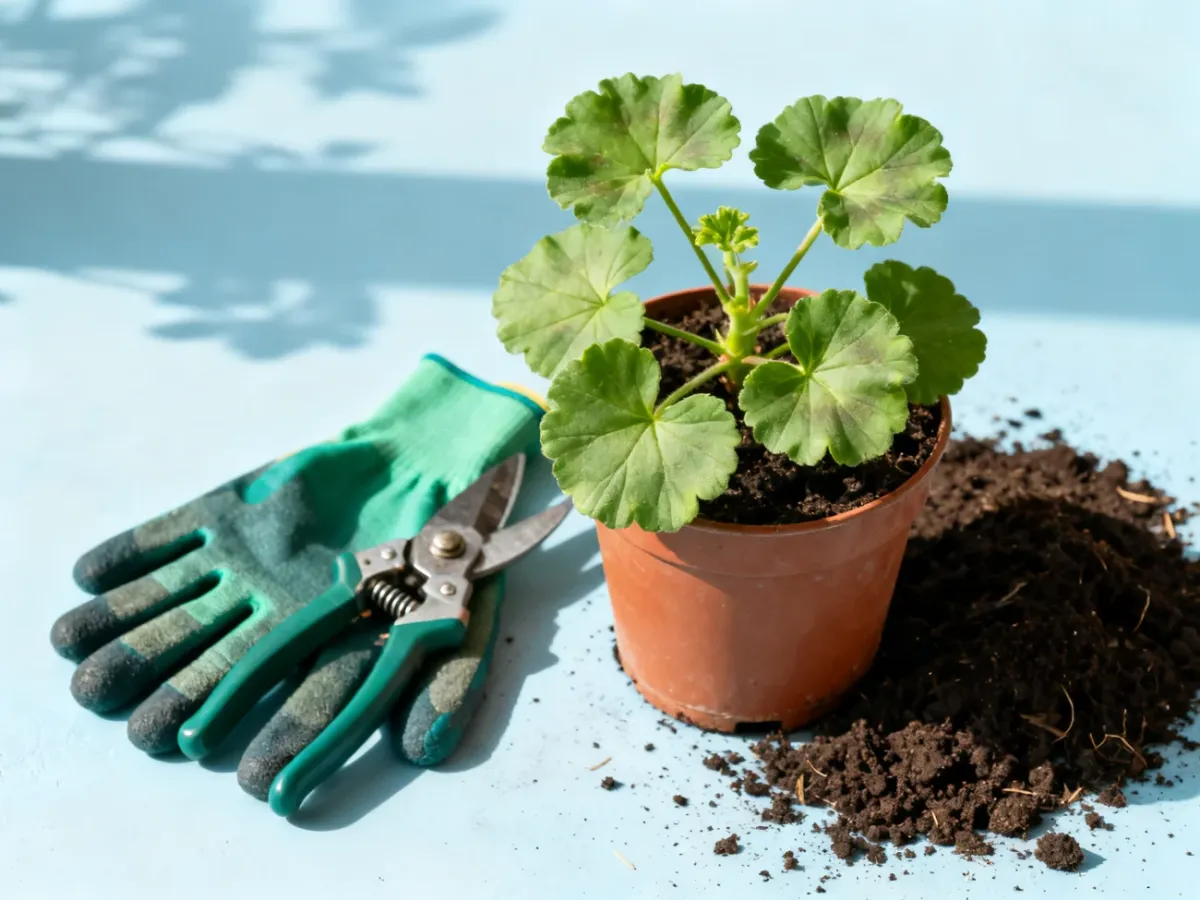Przygotowana do zimowania pelargonia w doniczce obok sekatora i rękawic ogrodniczych
