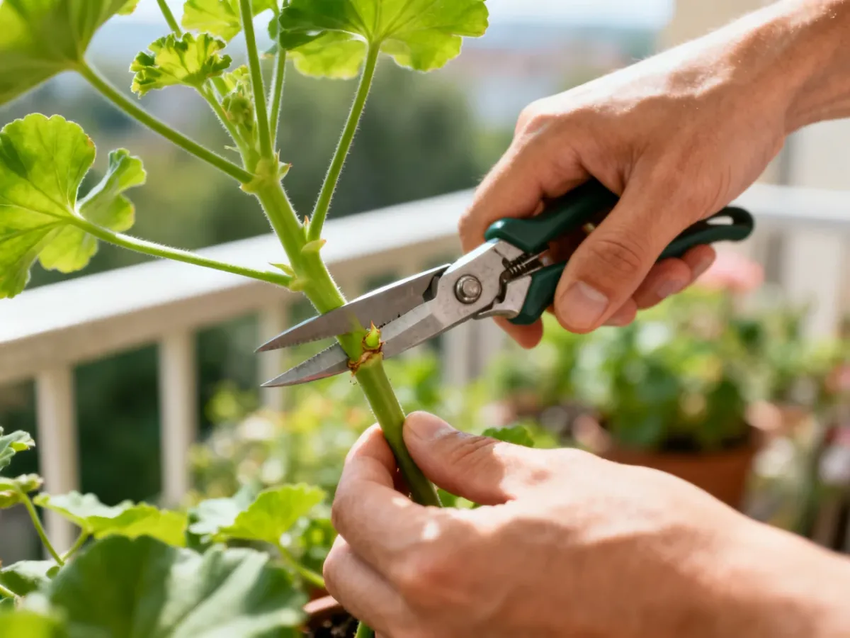 Cięcie pędu pelargonii tuż nad węzłem