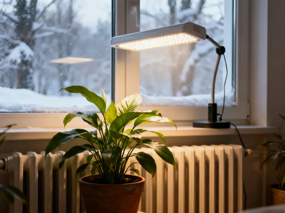 Bezpiecznie ustawiona roślina z lampą LED z dala od grzejnika