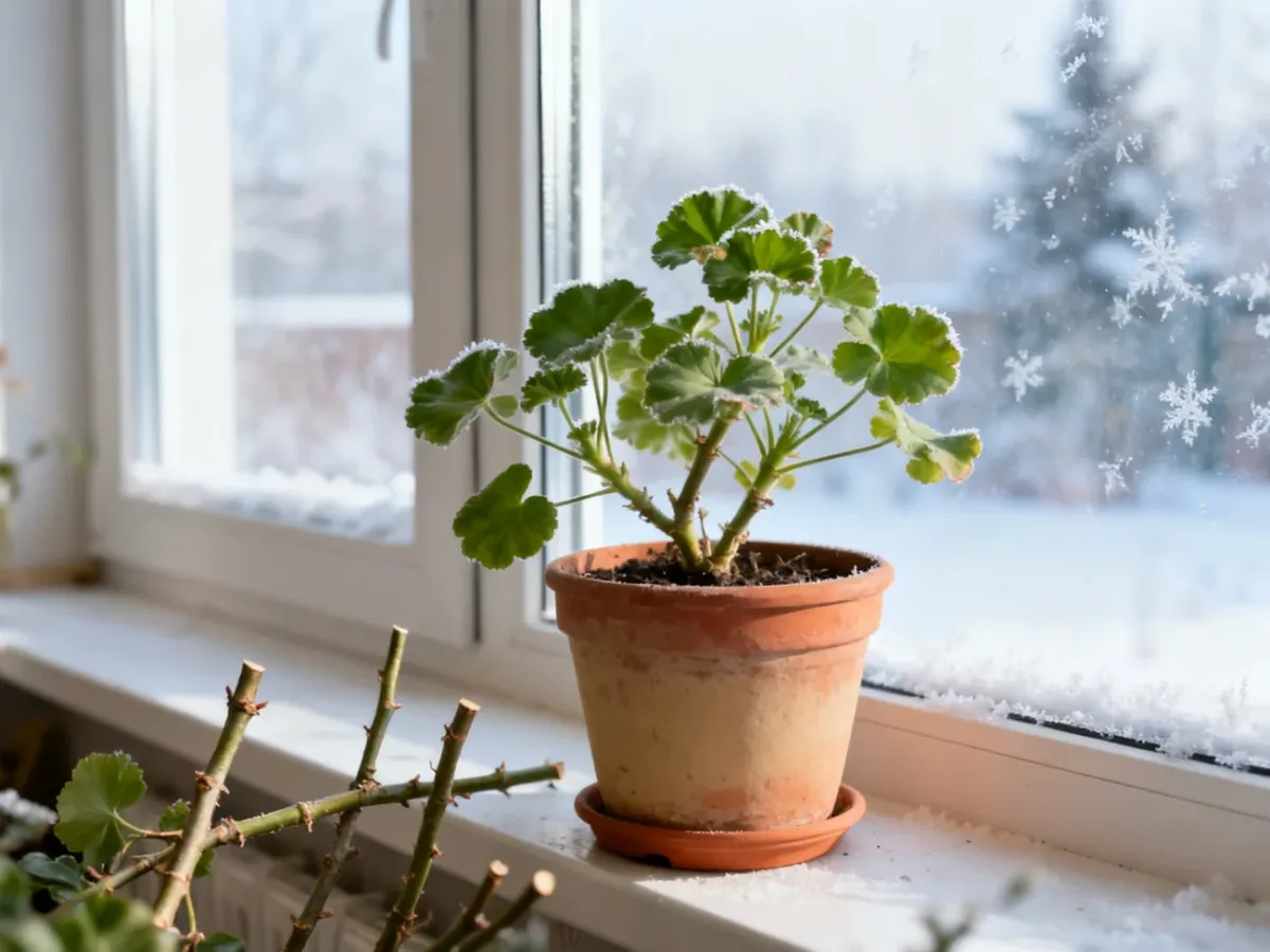 Przycięta pelargonia w jasnym, chłodnym miejscu do zimowania